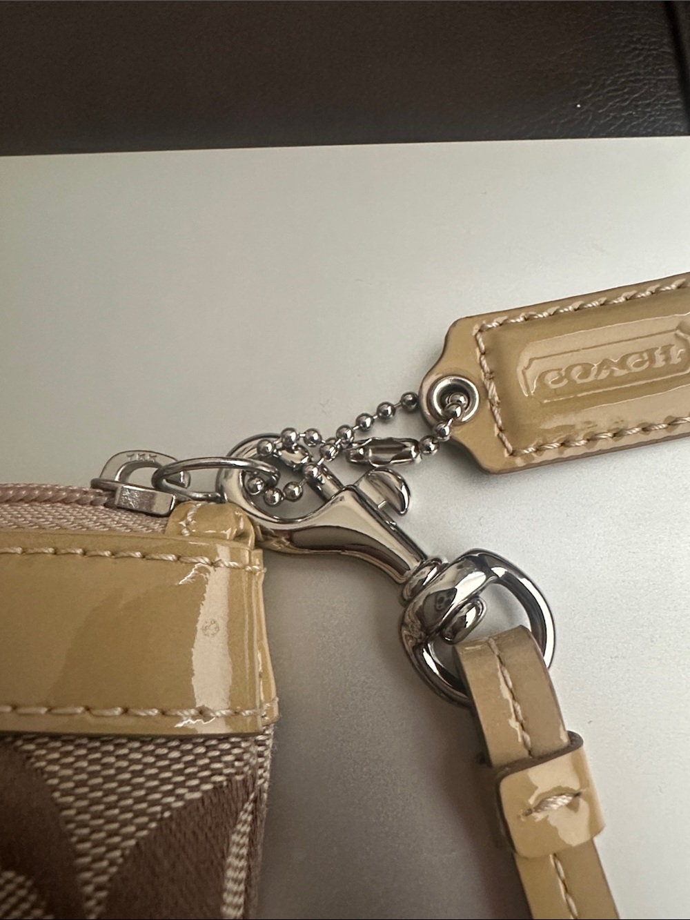 Coach Signature Canvas Wristlet with Tan Patent Leather Trim - Picture 5 of 10